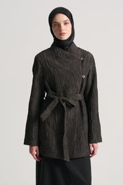 Side-Buttoned Belted Jacket - Brown