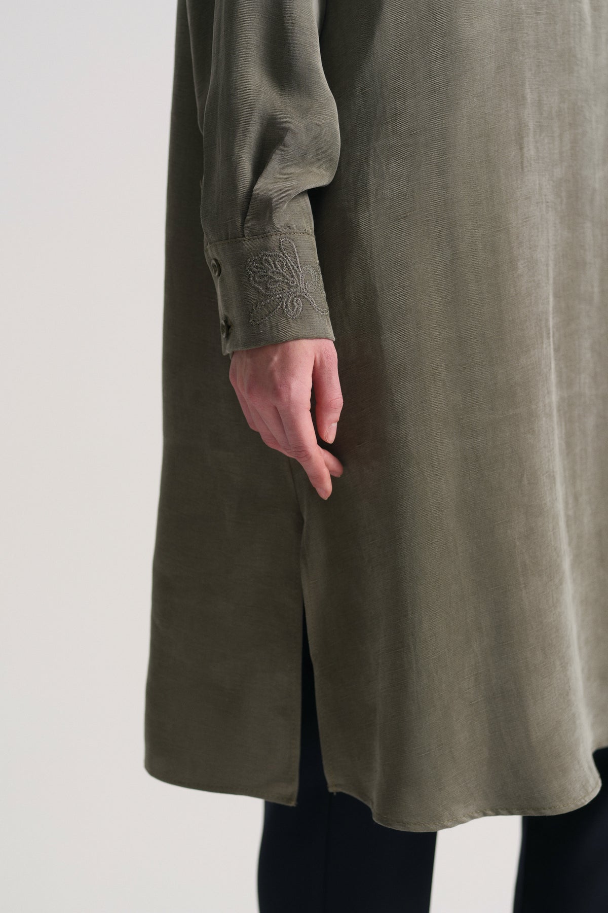Linen Blend Crew Neck Tunic - Khaki