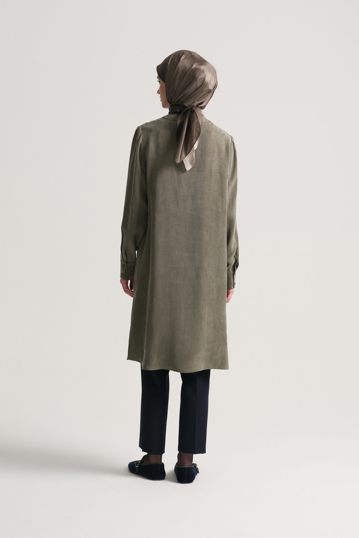 Linen Blend Crew Neck Tunic - Khaki