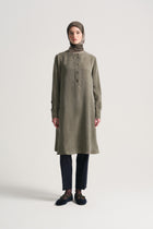 Linen Blend Crew Neck Tunic - Khaki