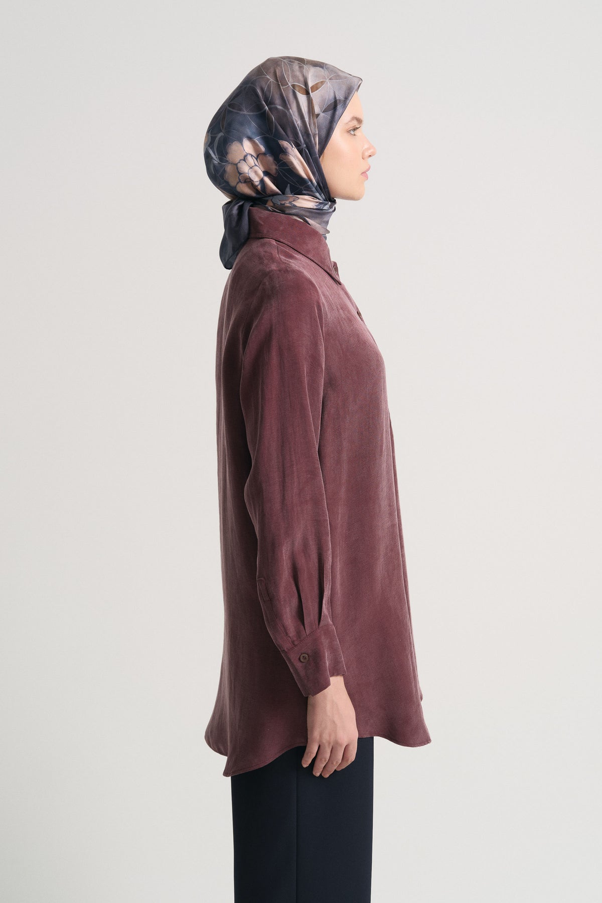 Keten Karışım Gömlek Yaka Tunik - Mürdüm