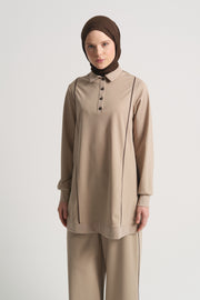 Lyocell Blend Collarless Set - Beige