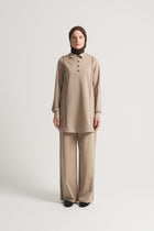 Lyocell Blend Collarless Set - Beige
