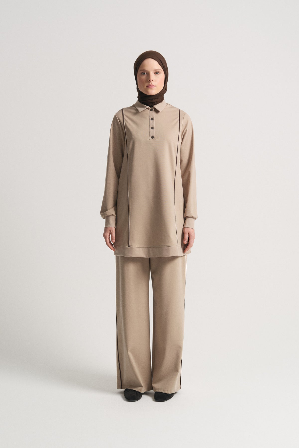 Lyocell Blend Collarless Set - Beige