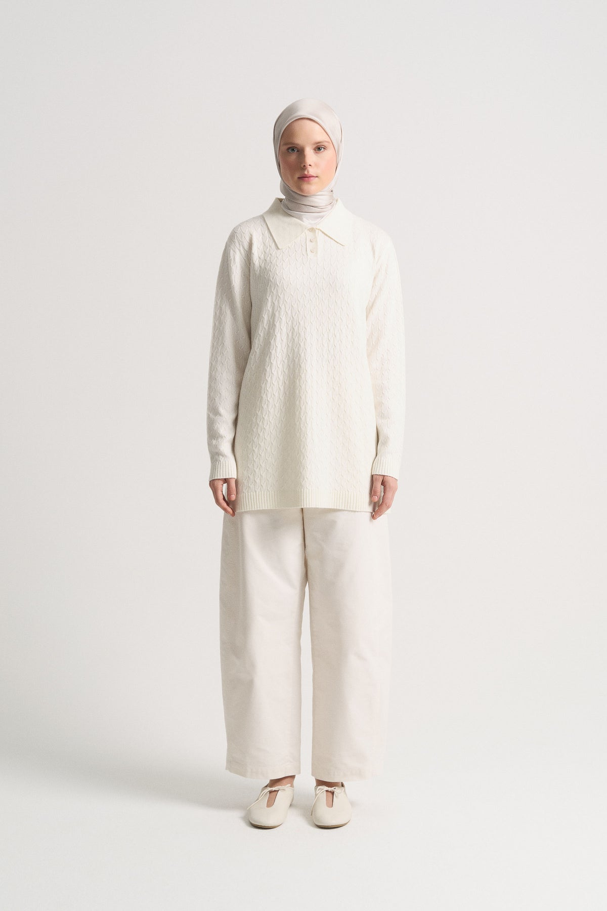 Acrylic Blend Polo Neck Tunic - Bone