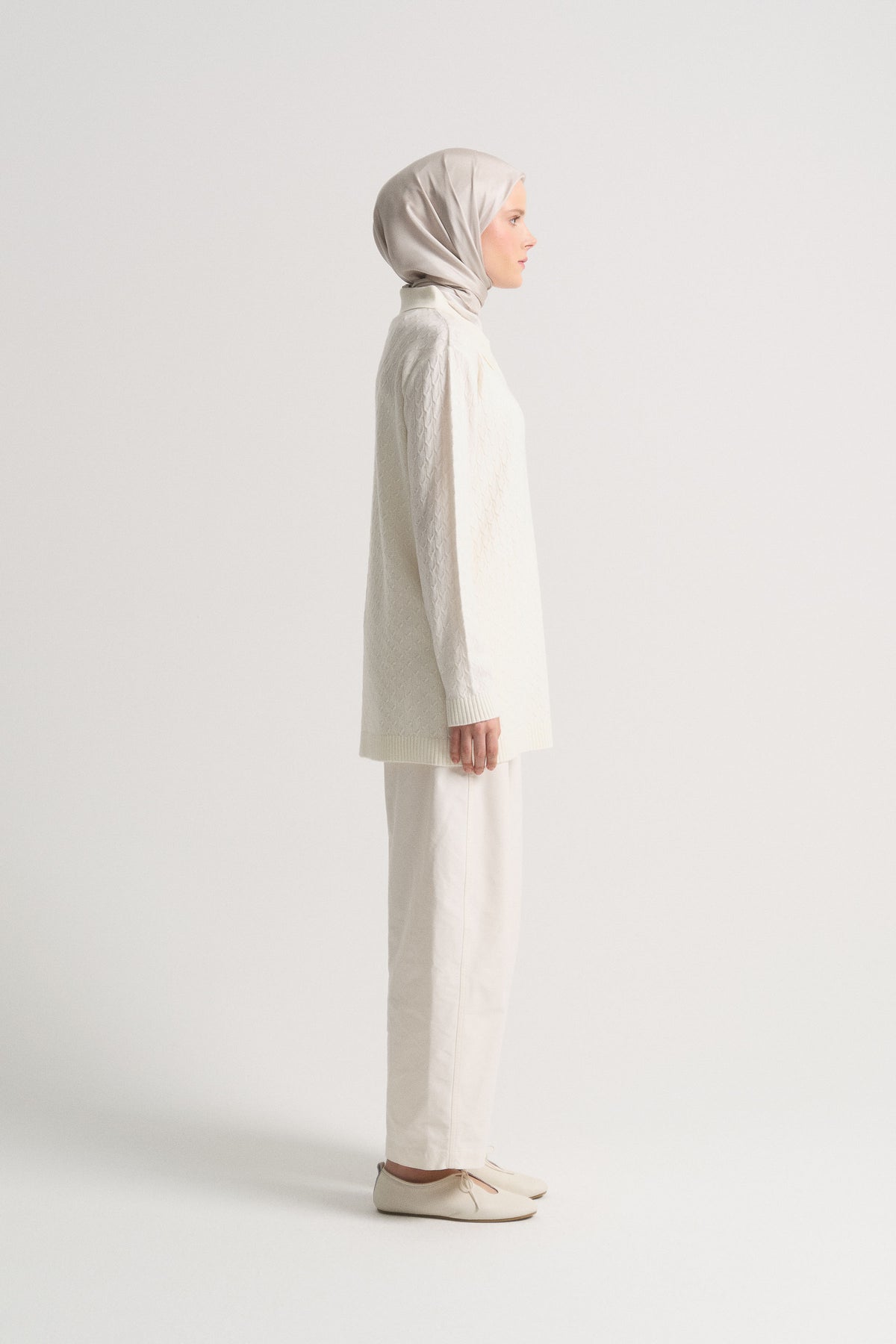 Acrylic Blend Polo Neck Tunic - Bone