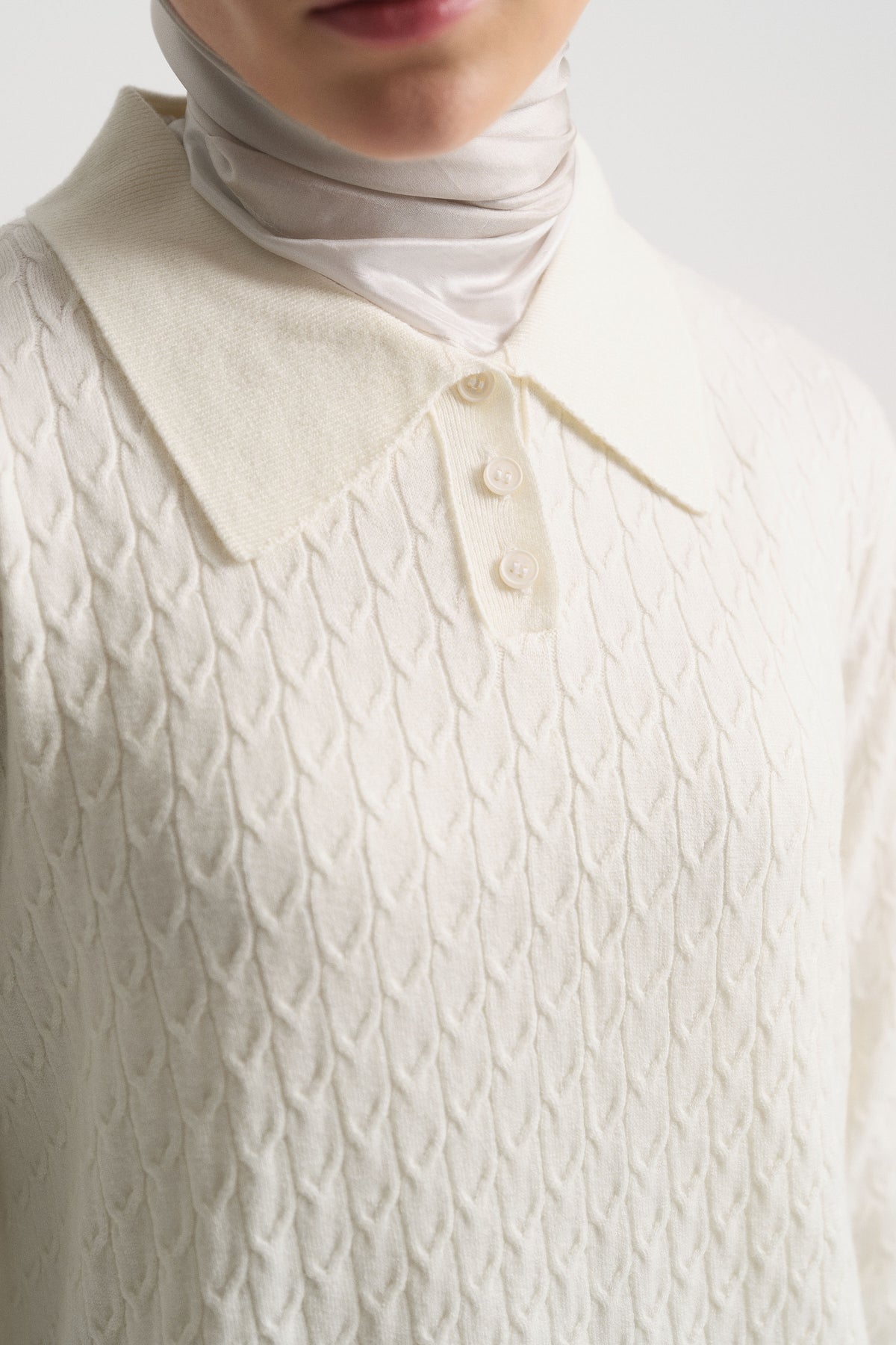 Acrylic Blend Polo Neck Tunic - Bone