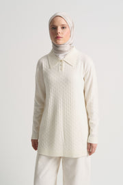 Acrylic Blend Polo Neck Tunic - Bone