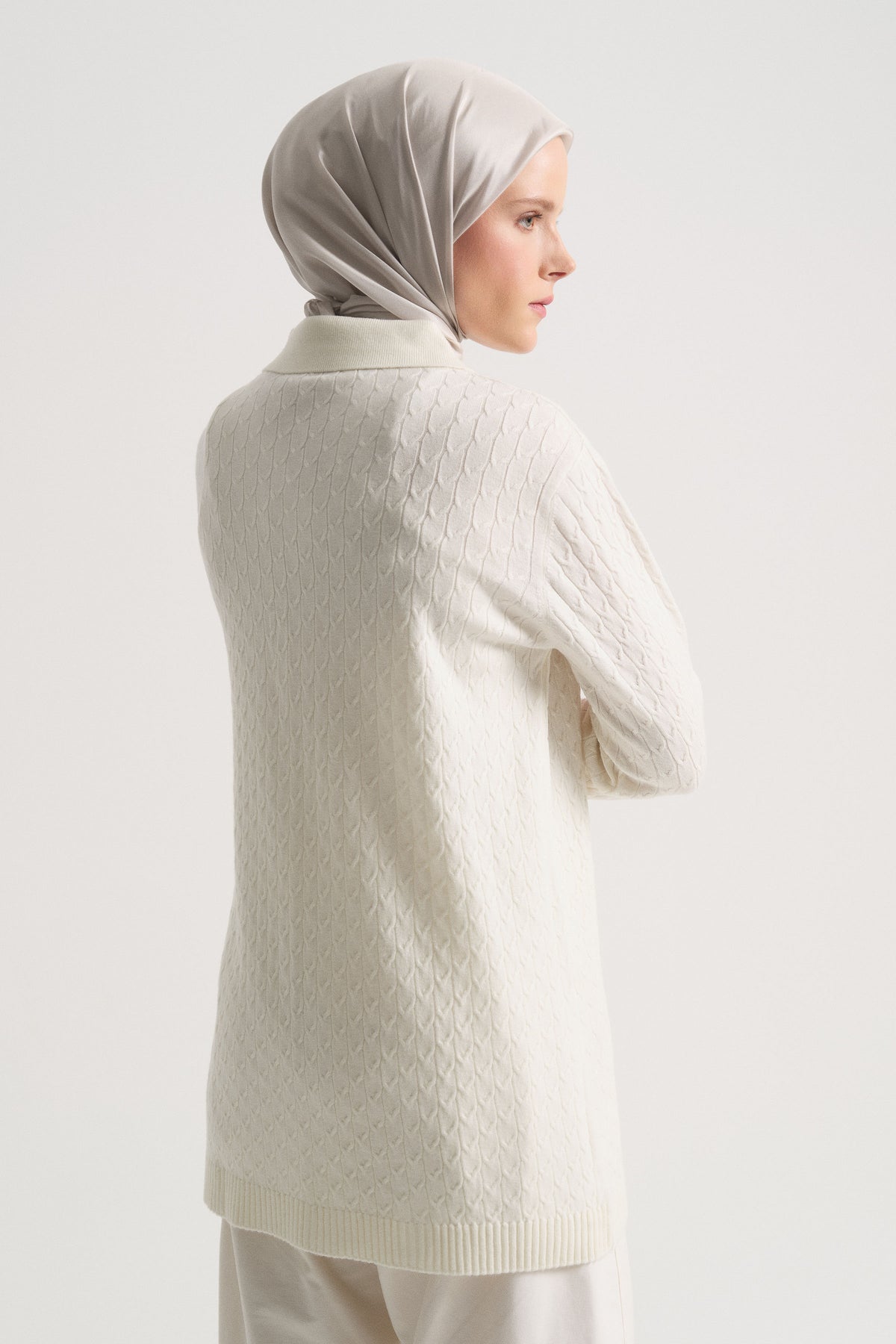 Acrylic Blend Polo Neck Tunic - Bone