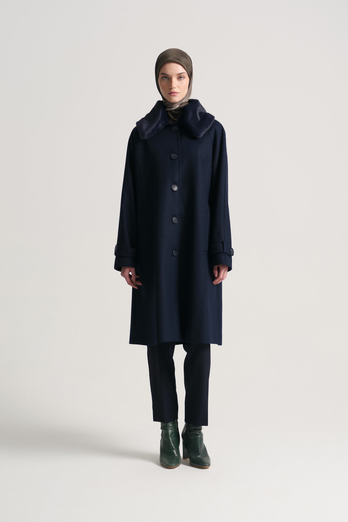 Detachable Fur Collar Coat - Navy Blue