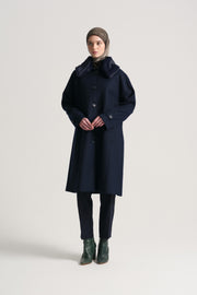 Detachable Fur Collar Coat - Navy Blue