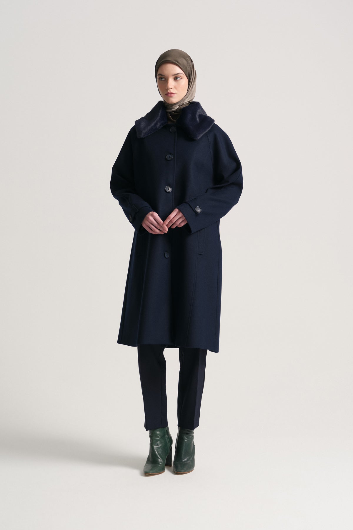 Detachable Fur Collar Coat - Navy Blue