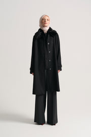 Removable Fur Collar Coat - Black