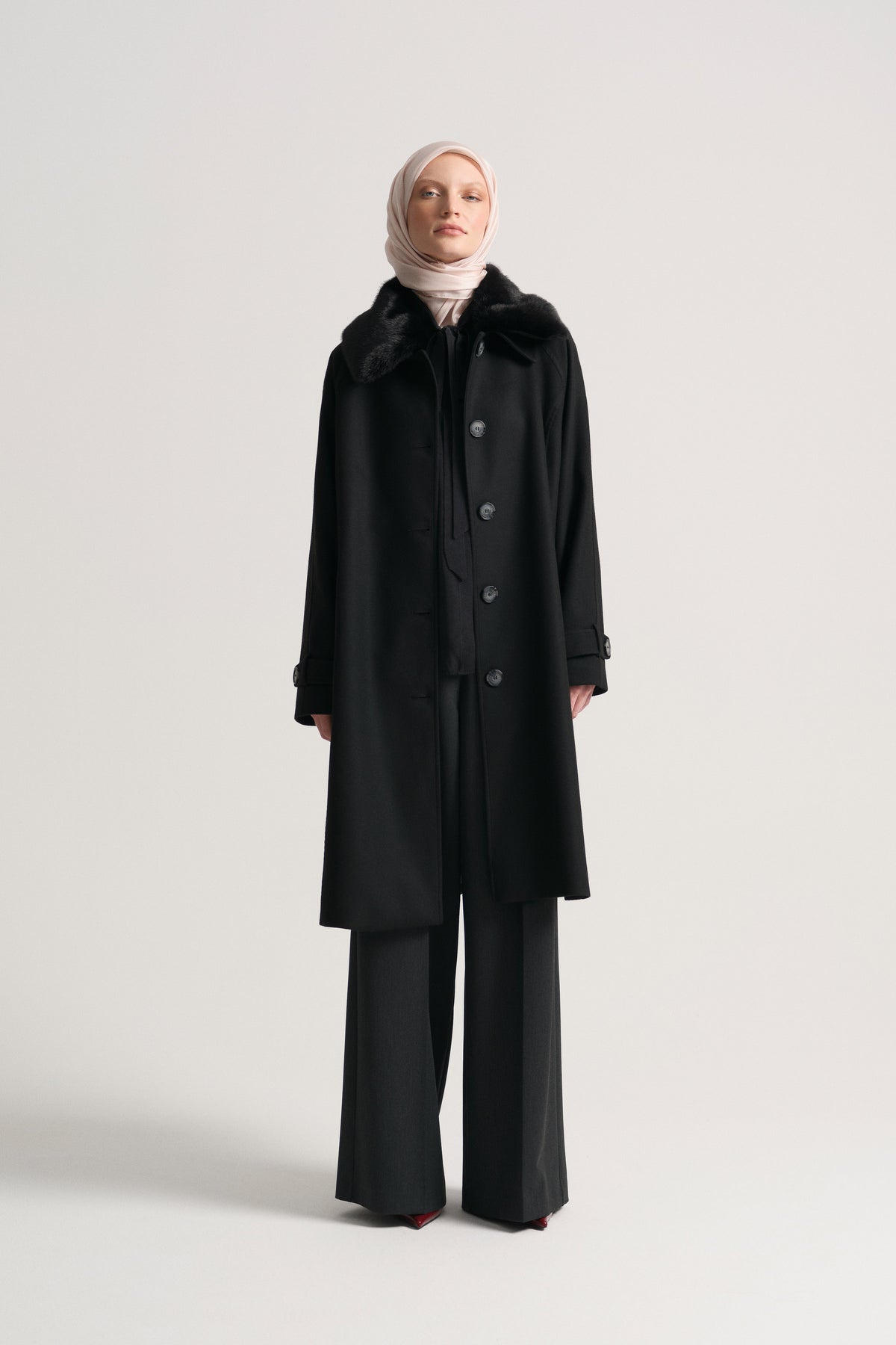Removable Fur Collar Coat - Black