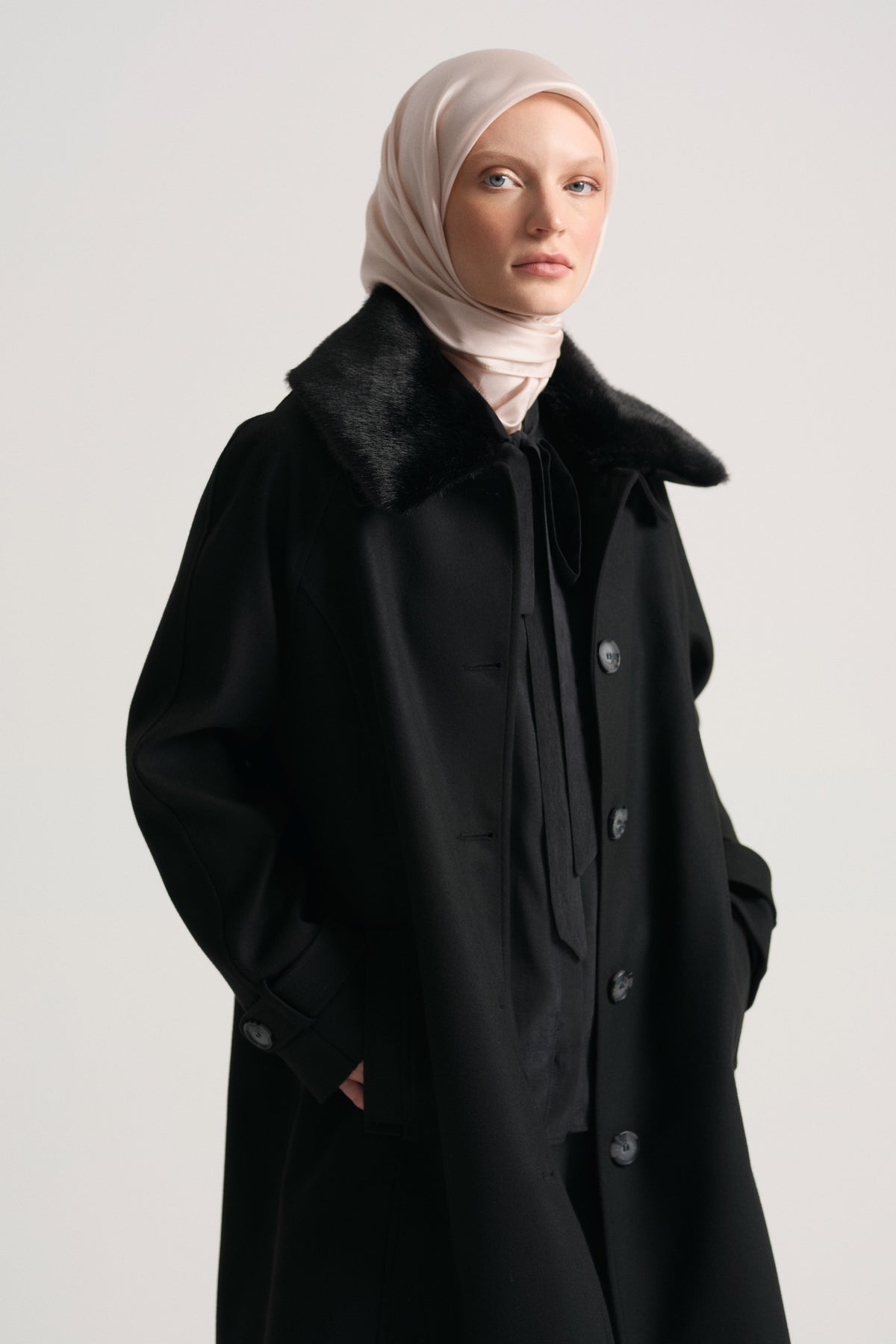 Removable Fur Collar Coat - Black