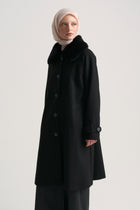 Removable Fur Collar Coat - Black