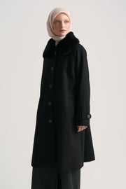 Removable Fur Collar Coat - Black