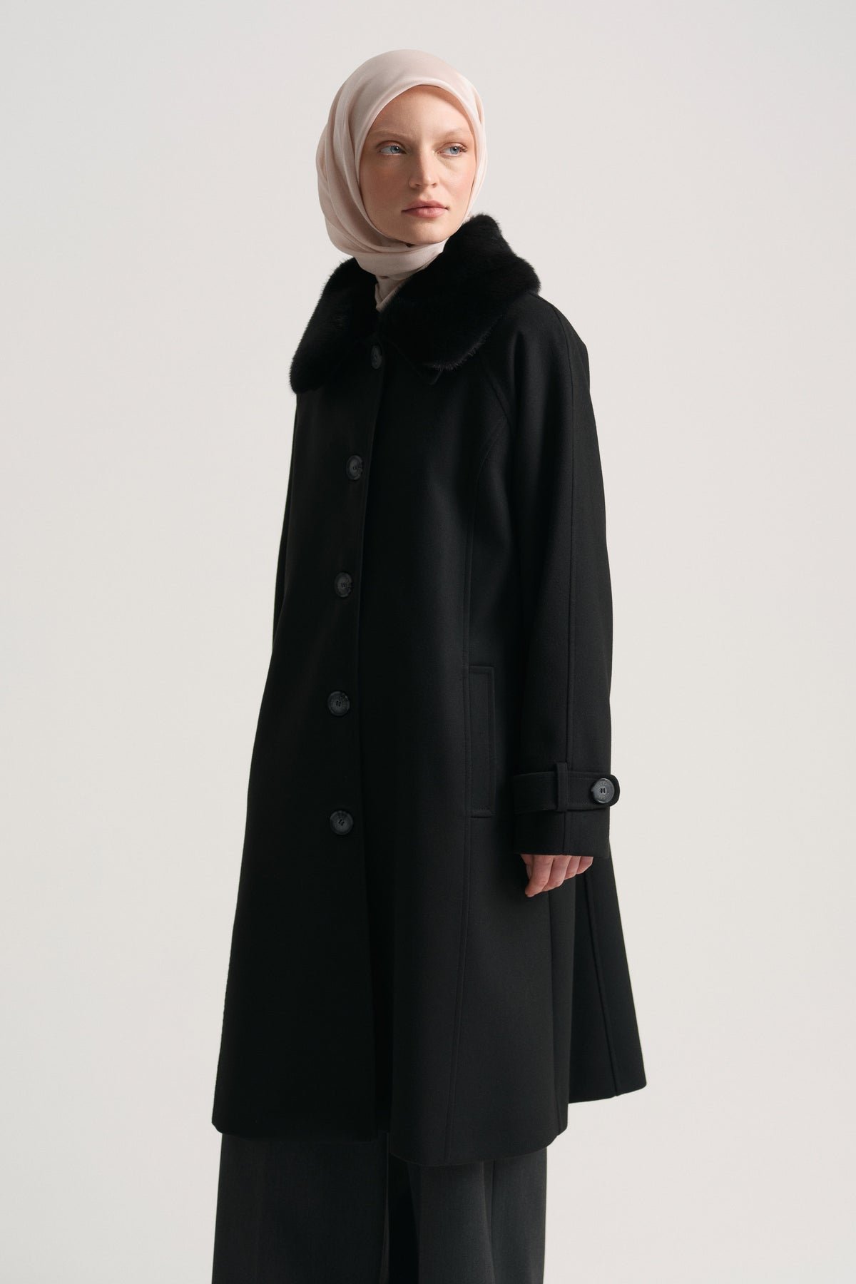 Removable Fur Collar Coat - Black