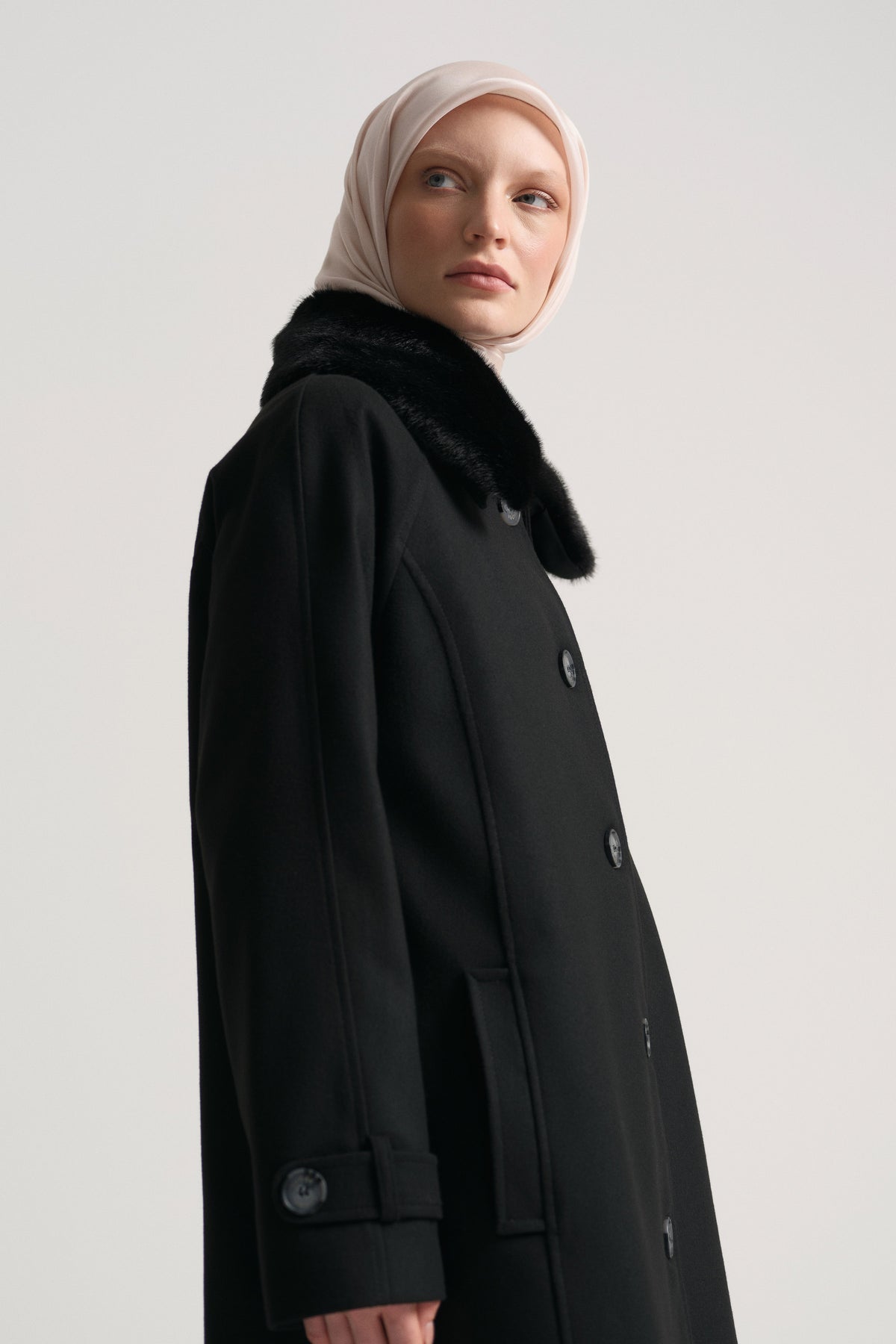 Removable Fur Collar Coat - Black