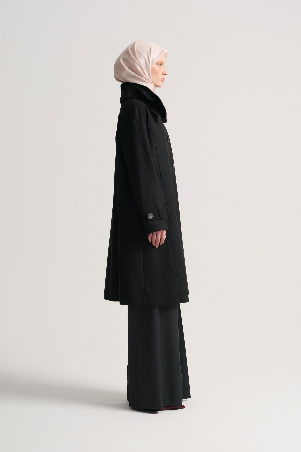 Removable Fur Collar Coat - Black
