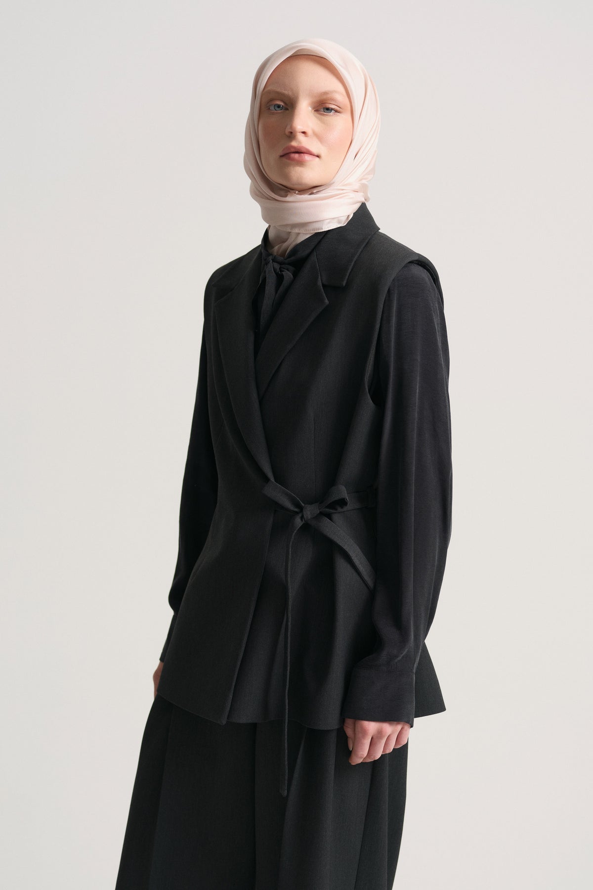 Wrap-Neck Vest with Side Belt - Anthracite