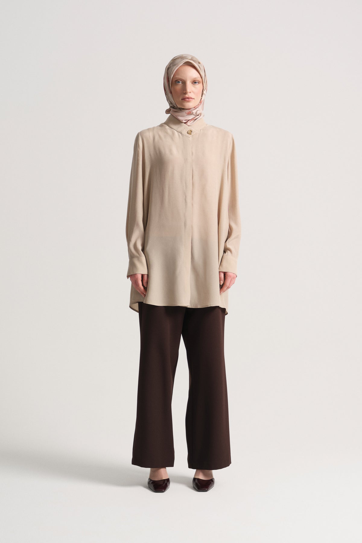 Lyocell Blend Hidden Snap Tunic - Beige