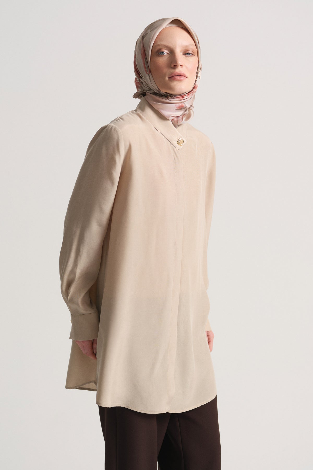 Lyocell Blend Hidden Snap Tunic - Beige