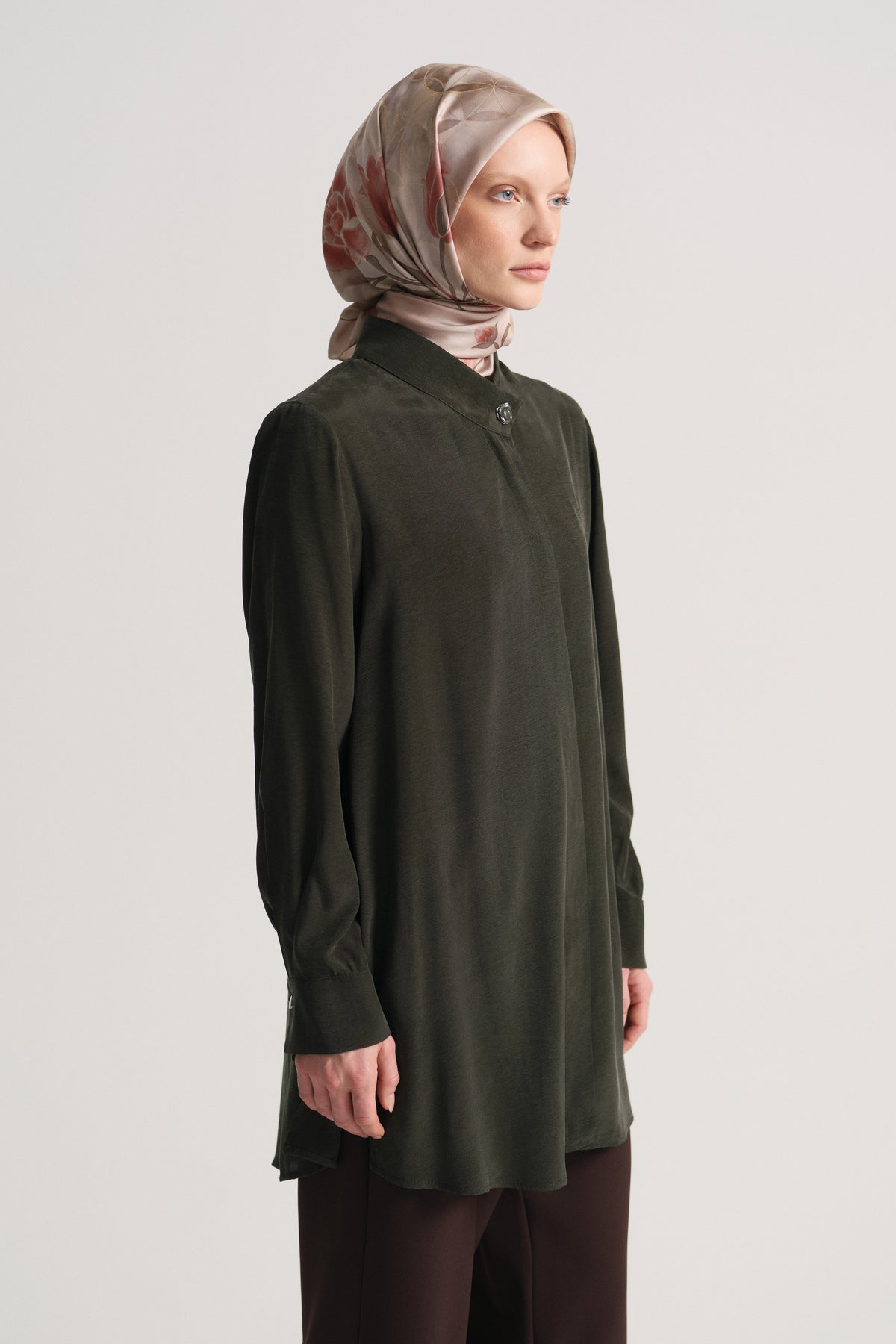 Lyocell Blend Hidden Snap Tunic - Khaki