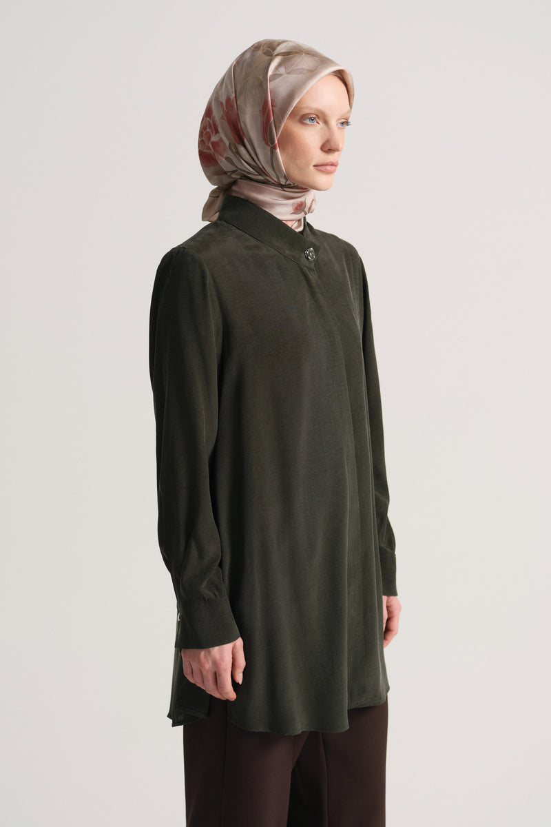 Lyocell Blend Hidden Snap Tunic - Khaki