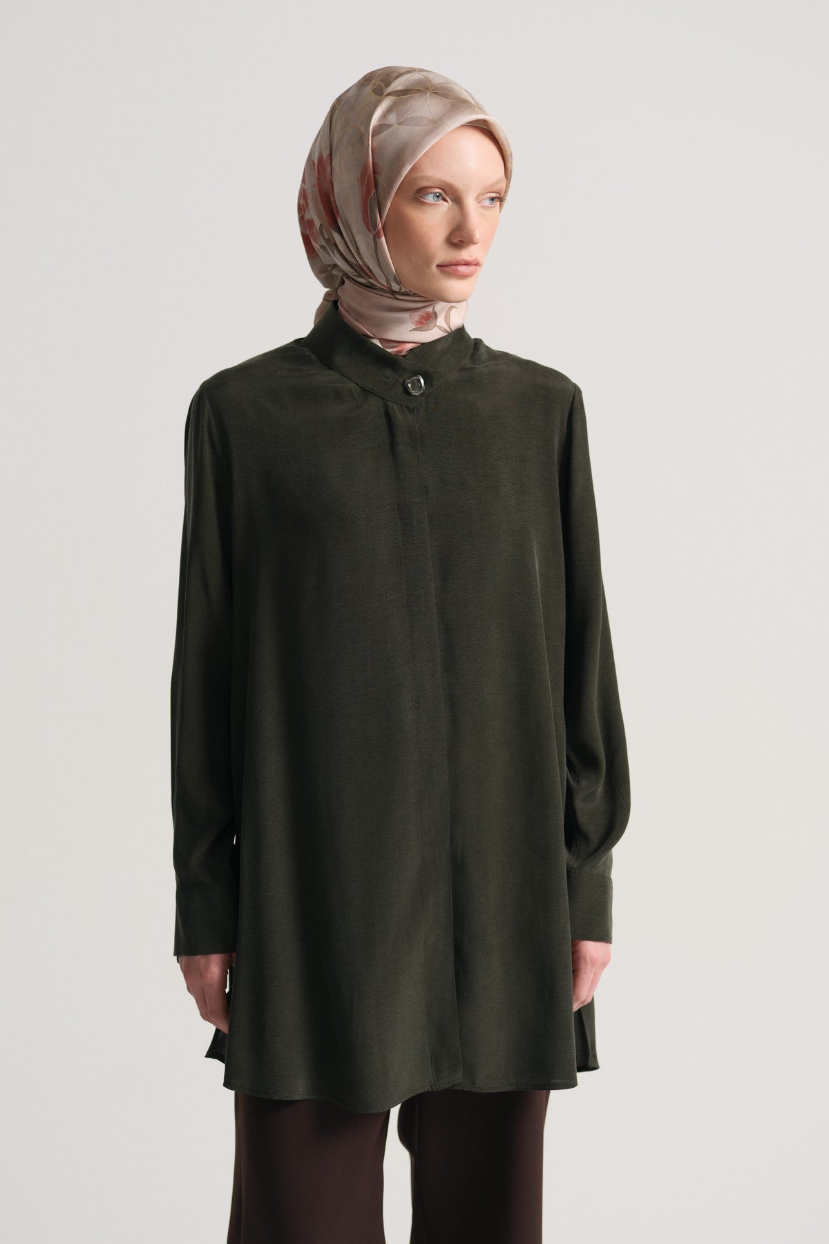 Lyocell Blend Hidden Snap Tunic - Khaki