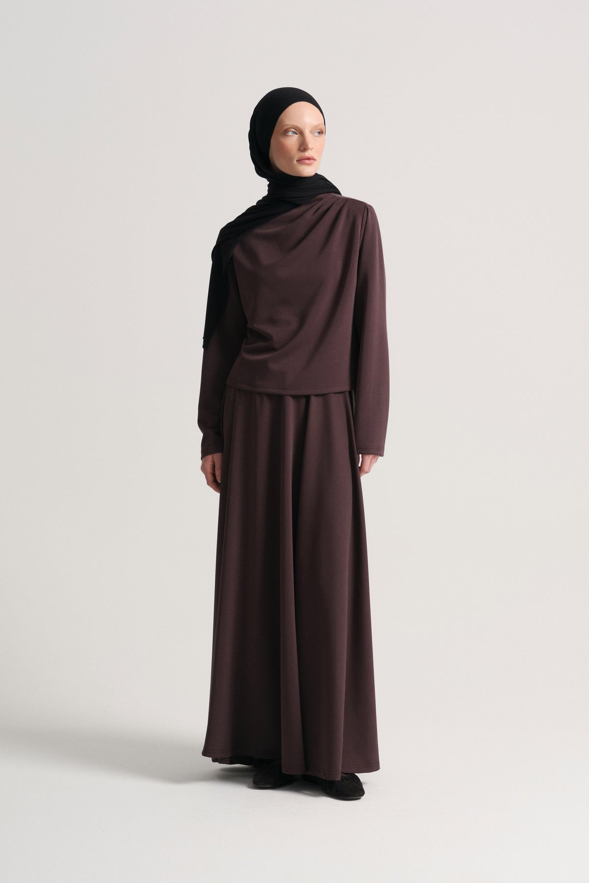 Collar-Detail Skirt Set - Brown