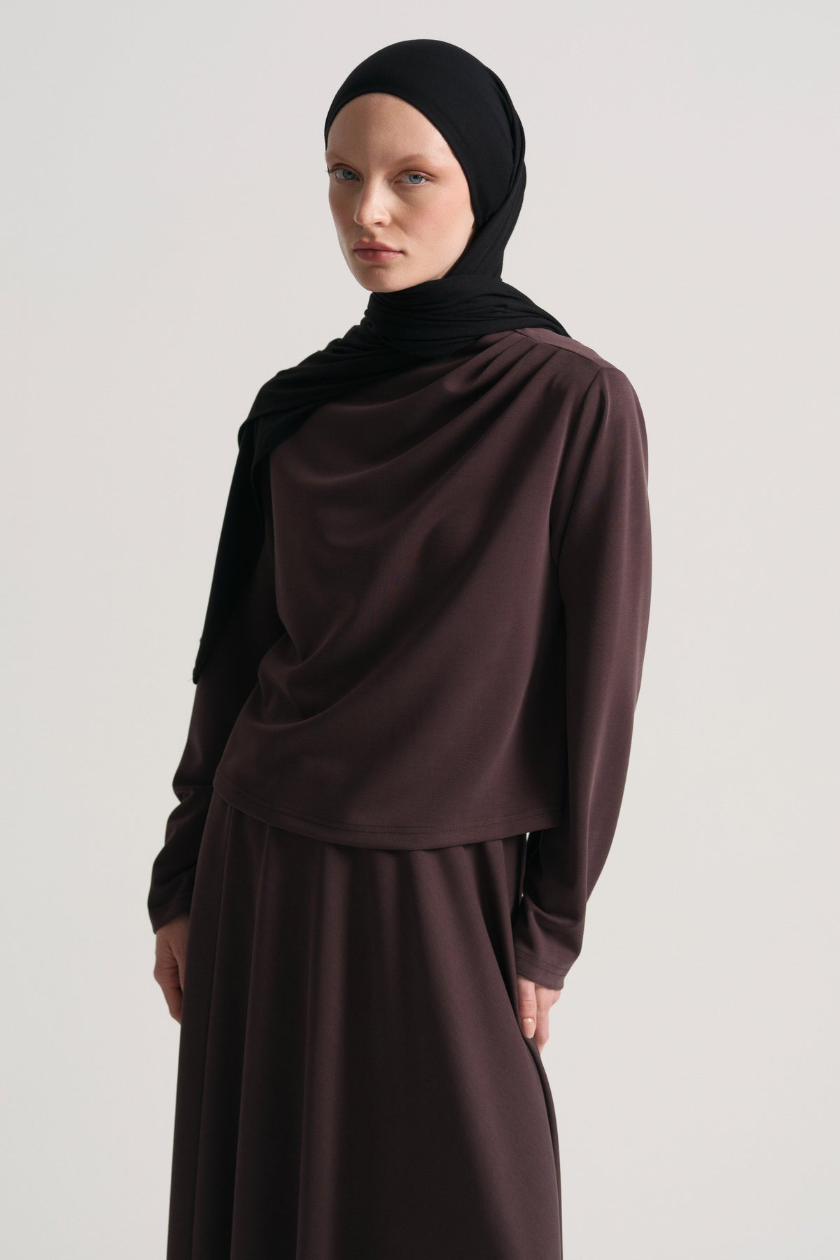 Collar-Detail Skirt Set - Brown