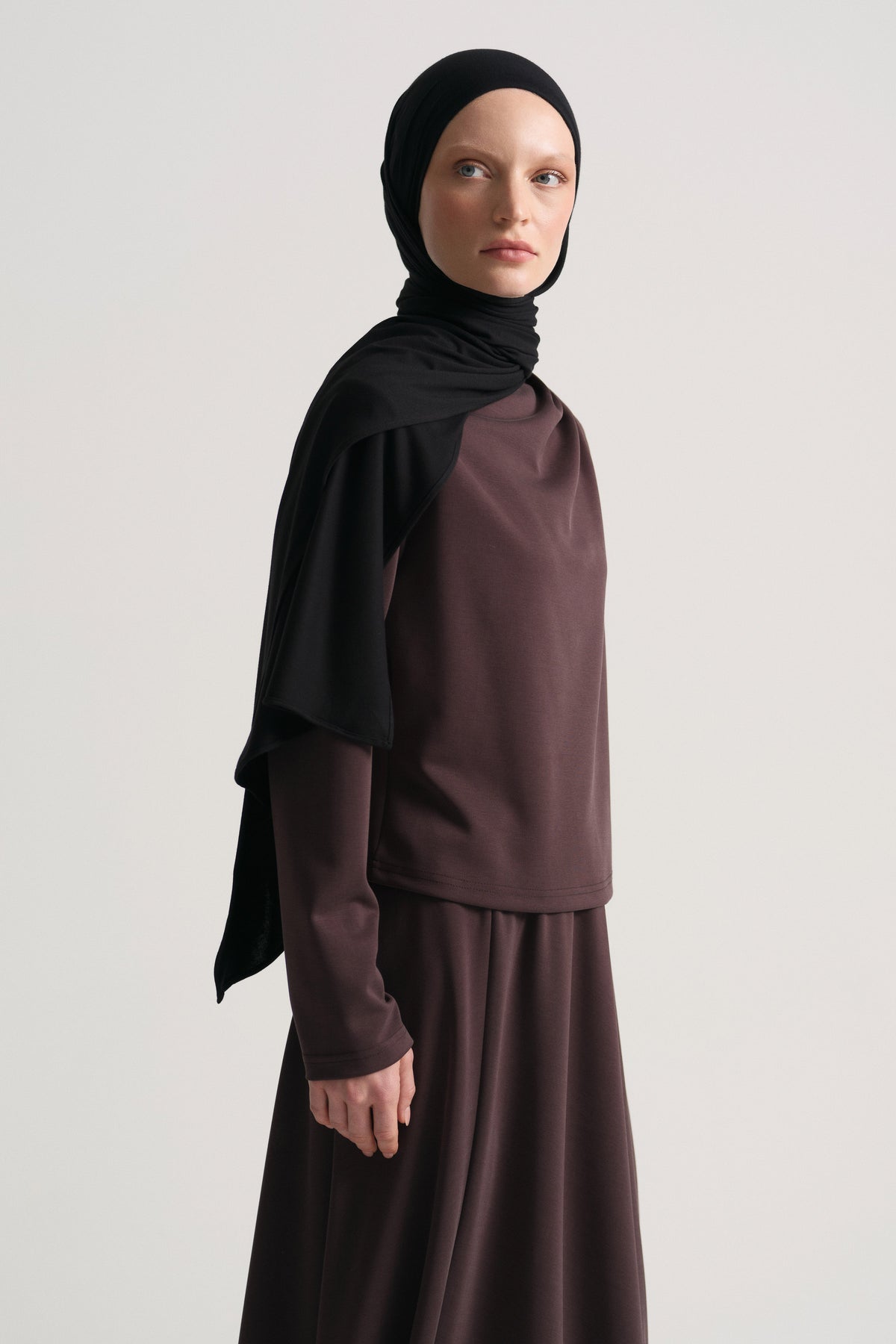 Collar-Detail Skirt Set - Brown