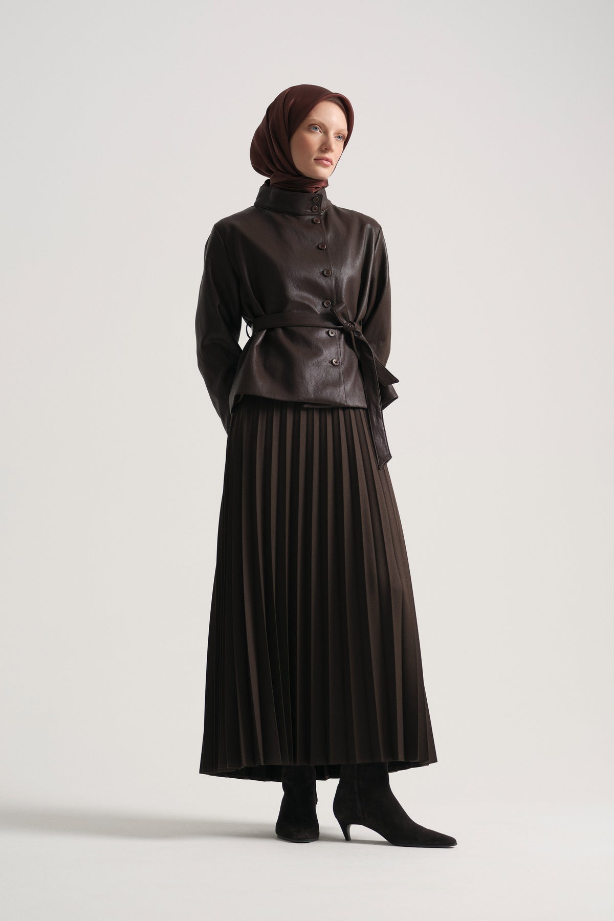 Pleated Long Skirt - Brown
