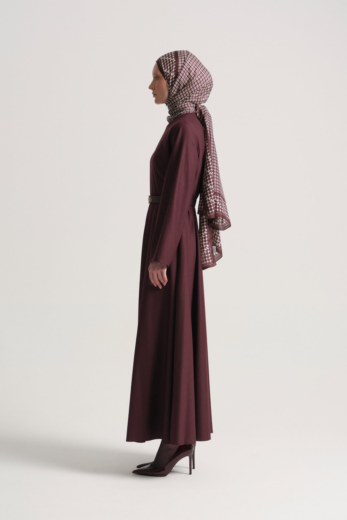 Beli Kemerli Elbise - Bordo