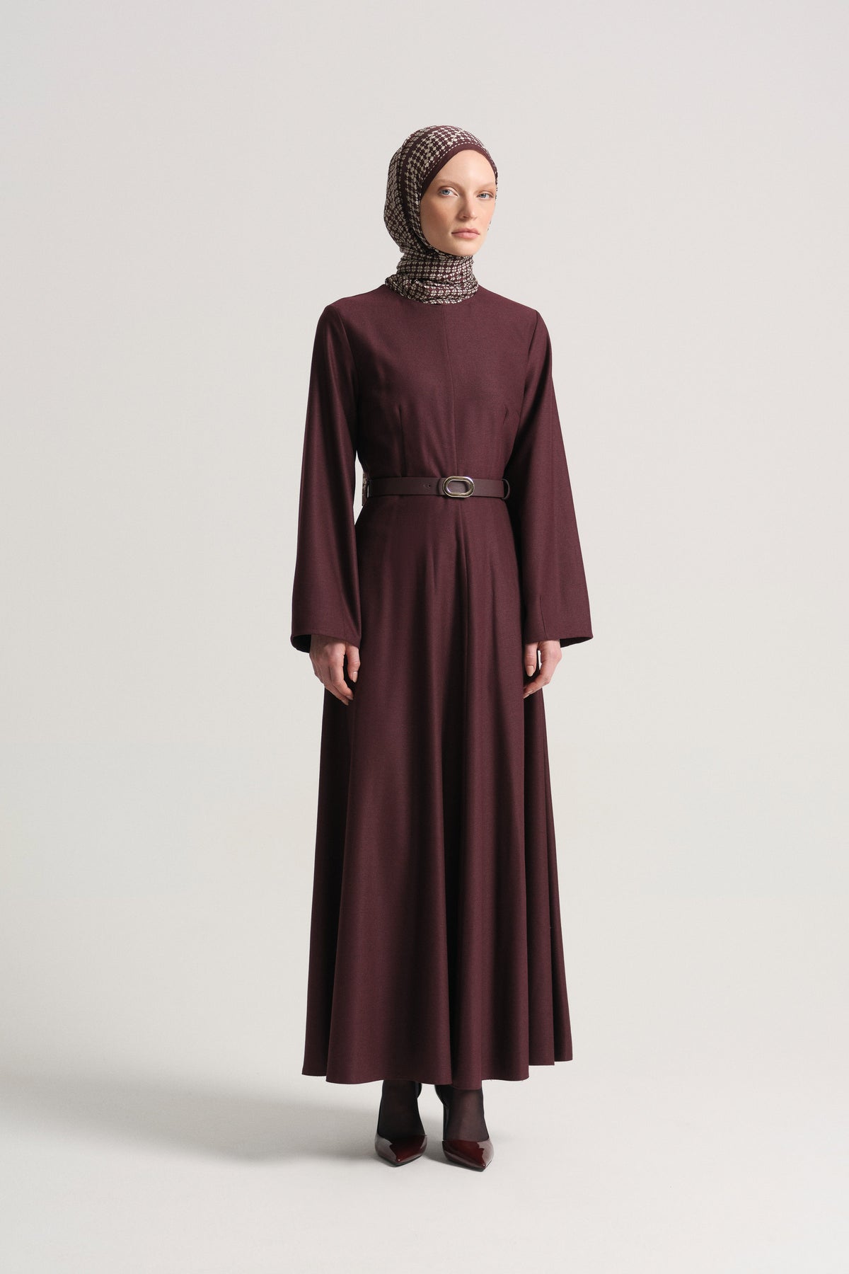 Beli Kemerli Elbise - Bordo