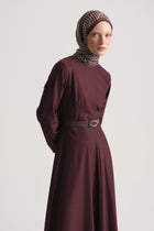 Beli Kemerli Elbise - Bordo