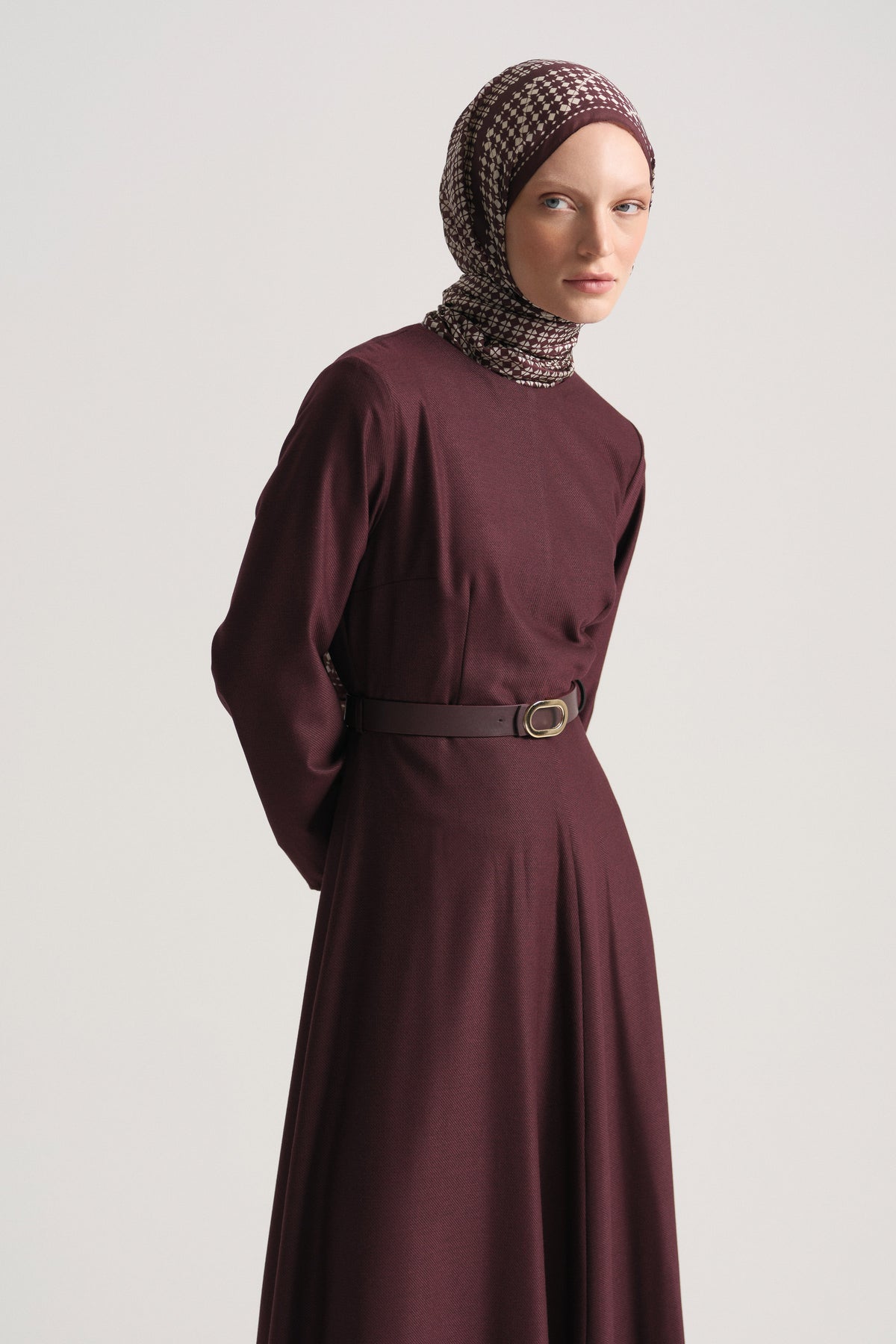 Beli Kemerli Elbise - Bordo