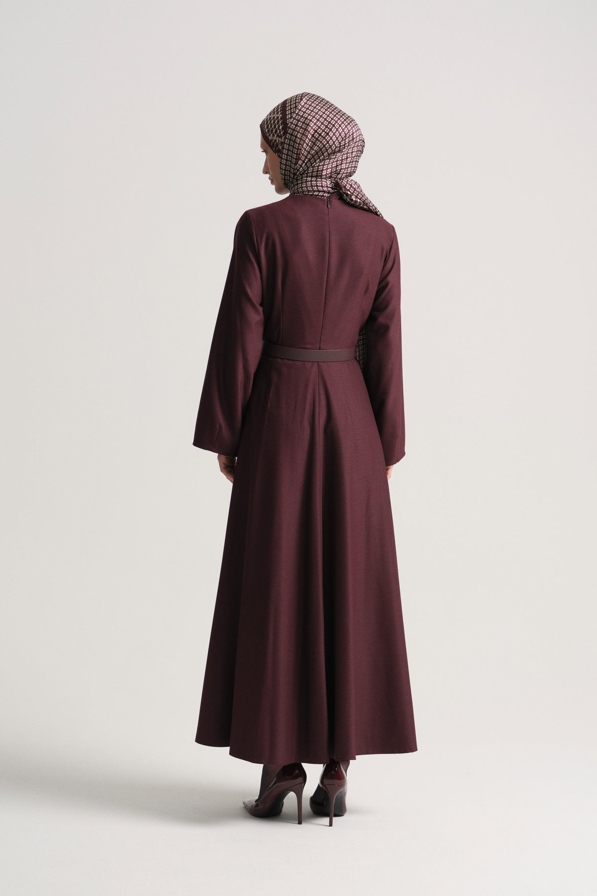 Beli Kemerli Elbise - Bordo