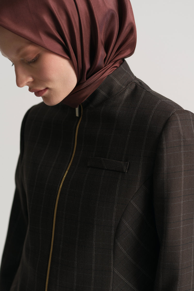 Stand-Collar Zip Jacket - Brown