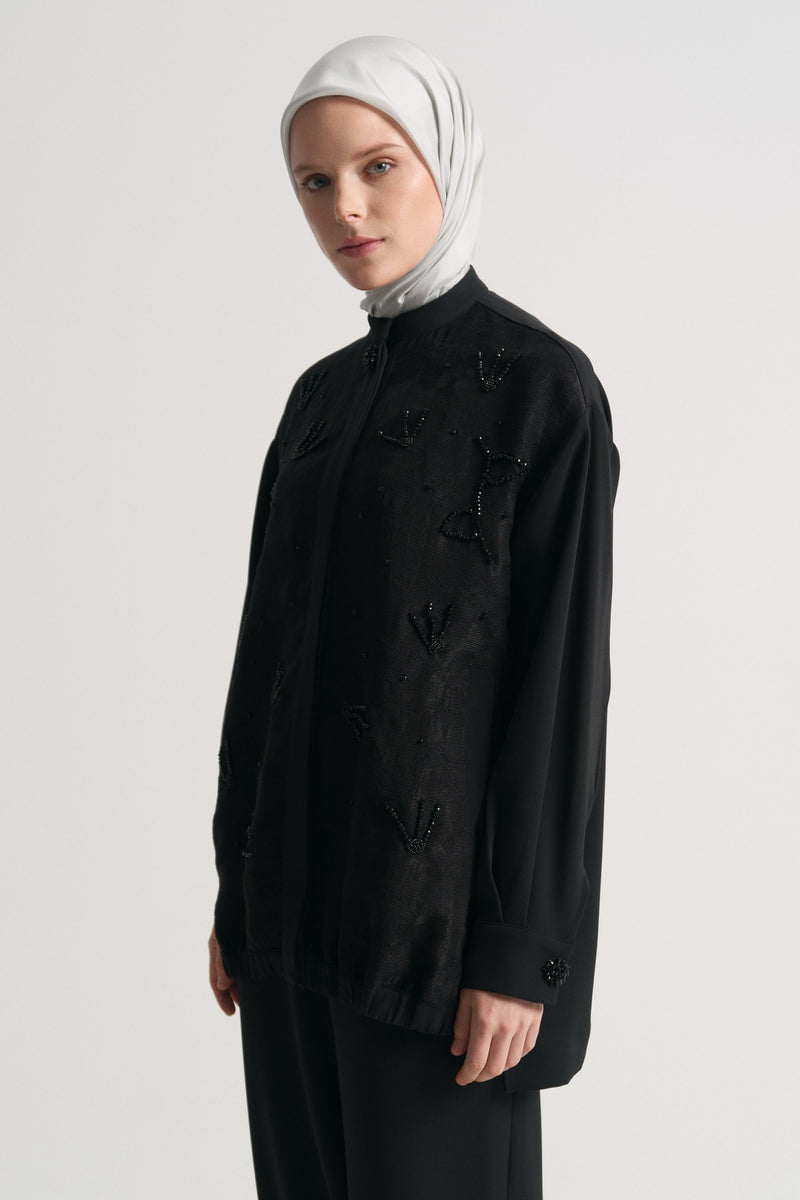 Stone-Embellished Tunic and Pants Set - Black