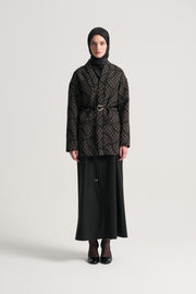 Patterned Kimono with Belt - Black