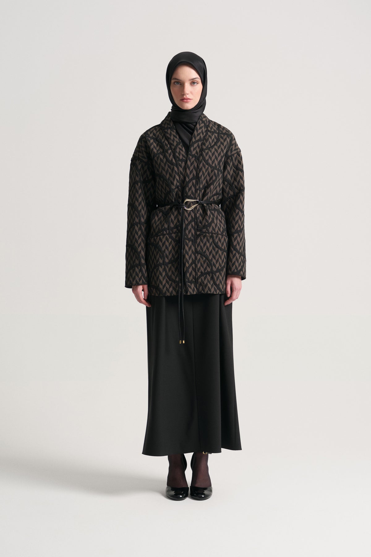 Patterned Kimono with Belt - Black