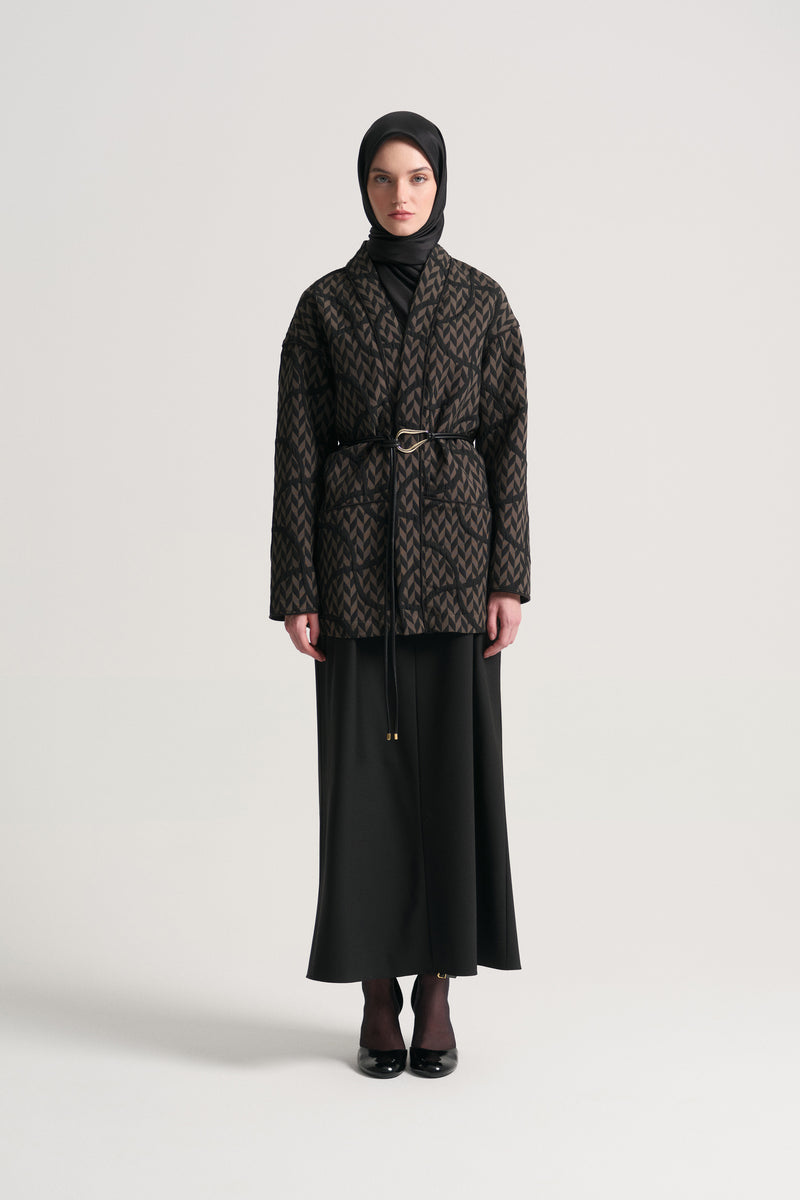 Beli Kemerli Desenli Kimono - Siyah