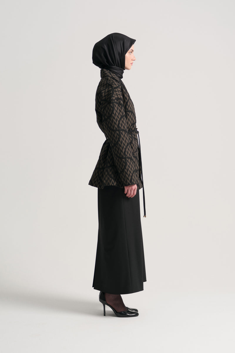 Beli Kemerli Desenli Kimono - Siyah