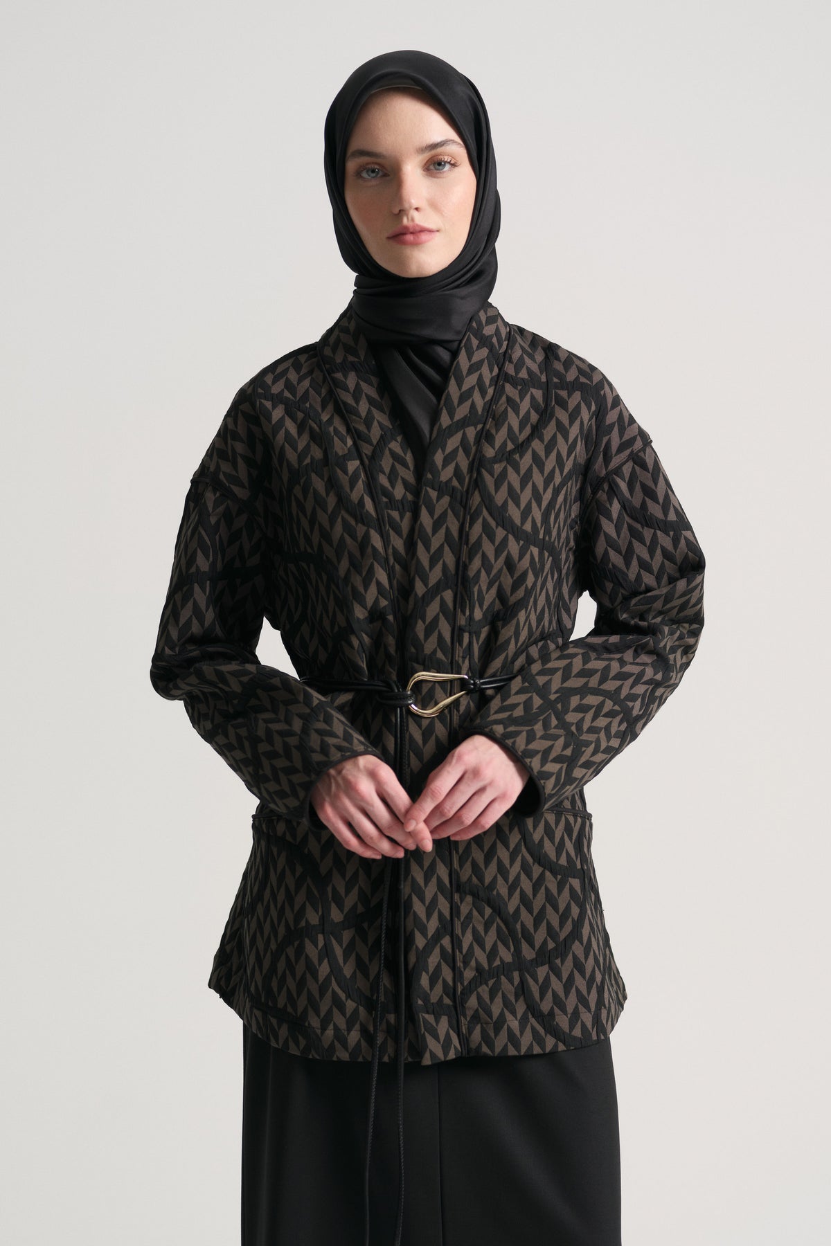 Patterned Kimono with Belt - Black
