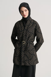 Patterned Kimono with Belt - Black
