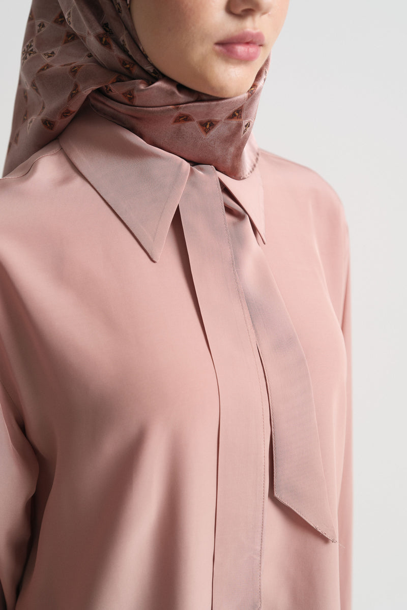 100% Viscose Shirt with Scarf Detail at the Neck - Dusty Rose