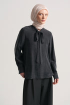 Lyocell Blend Shawl Collar Shirt - Black