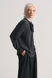 Lyocell Blend Shawl Collar Shirt - Black